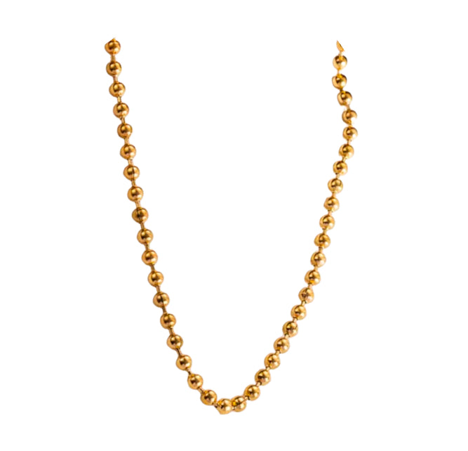 Close up view of elegant 18k Gold plated stainless steel, designer inspired,  Tiffany ball chain necklace dupe with a smooth, polished finish, designed with a lightweight and tarnish resistant material for timeless sophistication.