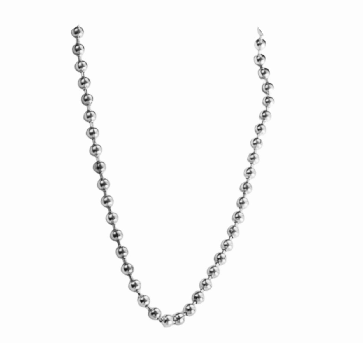 Close up view of elegant 18k Silver plated stainless steel, designer inspired,  Tiffany ball chain necklace dupe with a smooth, polished finish, designed with a lightweight and tarnish resistant material for timeless sophistication.