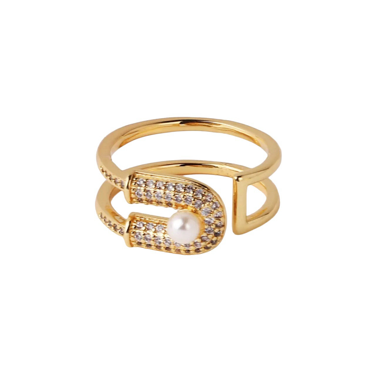  A stunning pave diamond encrusted adjustable gold plated stainless steel ring, with an elegant pearl center. Flirty and sophisticated, this adjustable ring is perfect for adding a hint of glamour to any outfit.