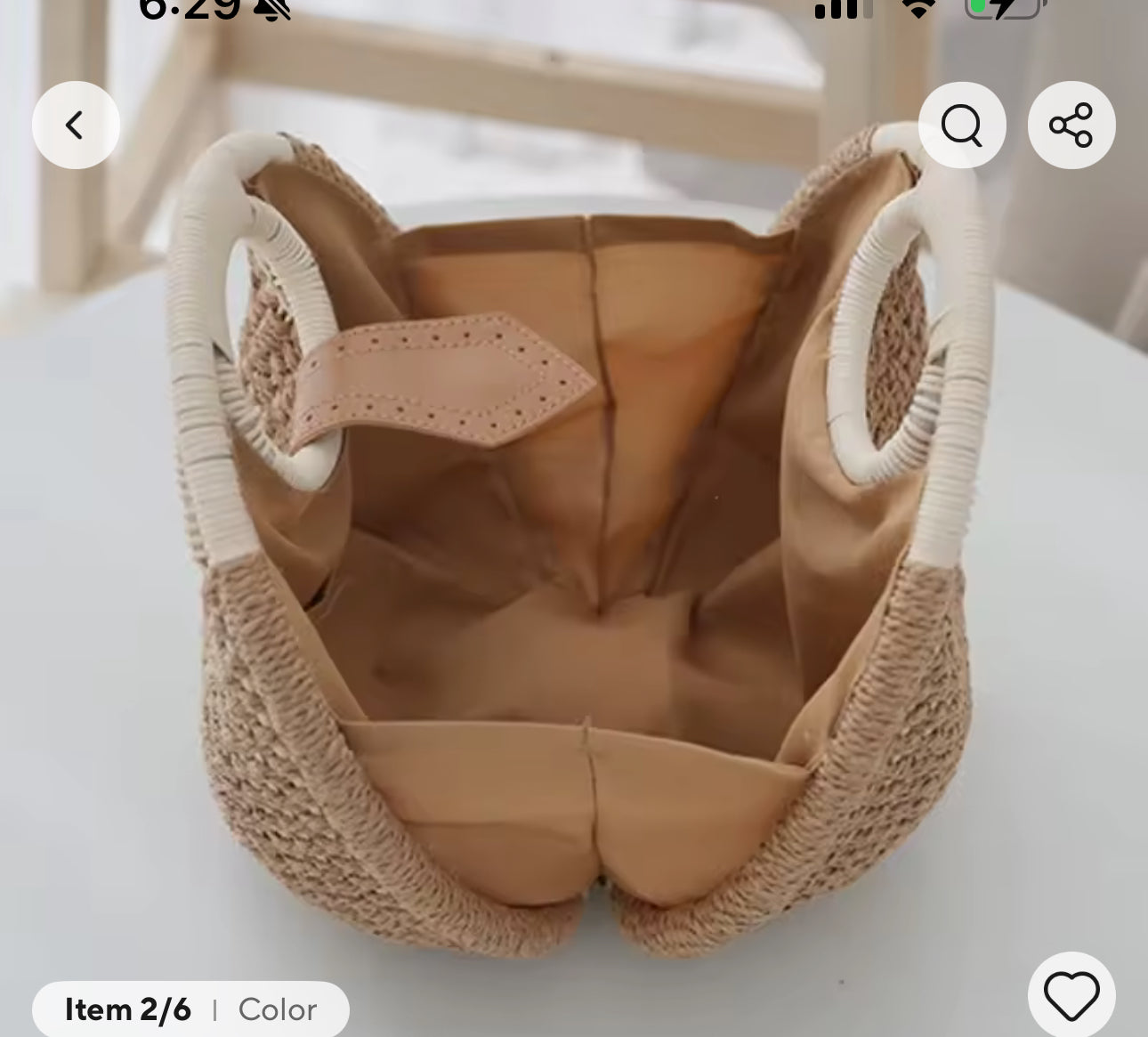 Summer straw handbag overhead open bag view